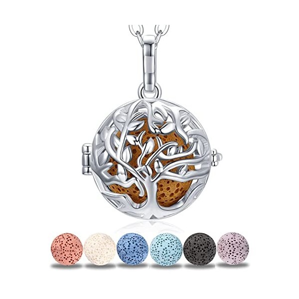 Odinstone Collier Diffuseur Huiles Essentielles pour Femme, Pendentif Aromathérapie Arbre De La Vie en Argent Plaqué, huile e