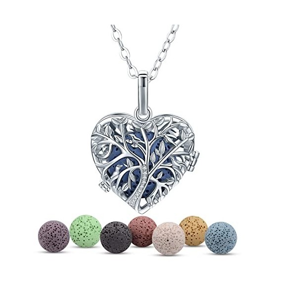 INFUSEU Collier Diffuseur Huile Essentielle, Arbre de Vie Coeur Argent Plaque Aromathérapie Pendentif Aromatherapie Collier F