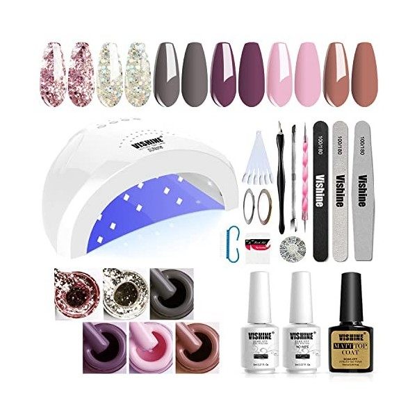 Vishine Vernis à ongles gel Starter Kit – 48 W lampe LED Lot de 6 couleurs et base top coat, outils de manucure populaire Nai