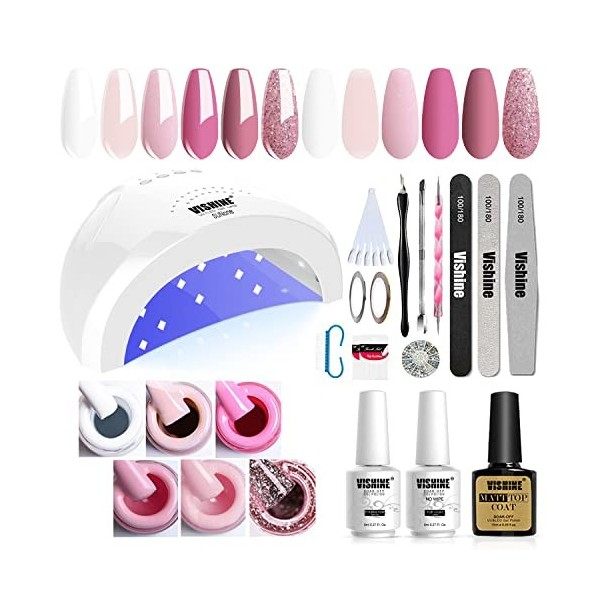 Vishine Vernis à ongles gel Starter Kit – 48 W lampe LED Lot de 6 couleurs et base top coat, outils de manucure populaire Nai