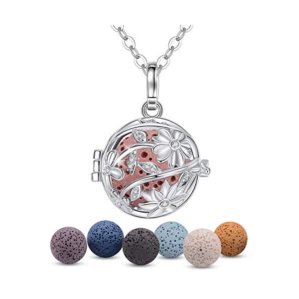 EUDORA Aromathérapie Huiles Essentielles Diffuseur Plaqué argent Collier Médaillon Flottant pour Femmes Collier Pendentif Gil