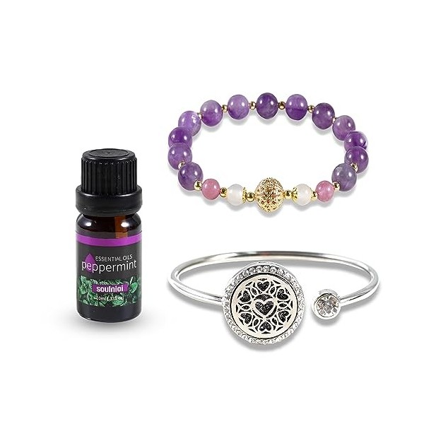 Soulnioi Diffuseur daromathérapie - Différents motifs - Bracelet de parfum avec perles dhuile essentielle de menthe et dam