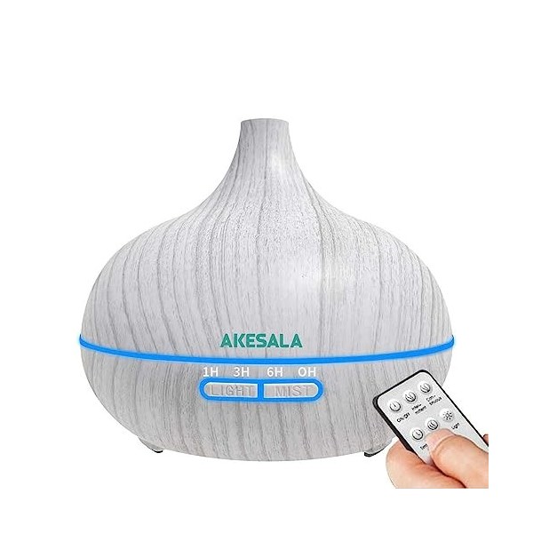 AKESALA Diffuseur dhuiles essentielles de 500 ml, diffuseurs à ultrasons pour la maison avec 7 lumières LED, 4 minuteurs et 