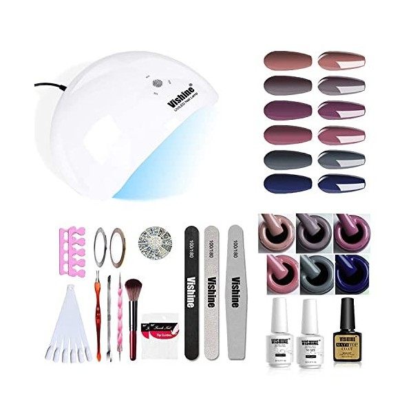 Vishine Kit Nouveauté Vernis Semi Permanent 72W Professionnelle Lampe LED séchoirs à ongles, 6 Couleurs Vernis Gels, Top Base