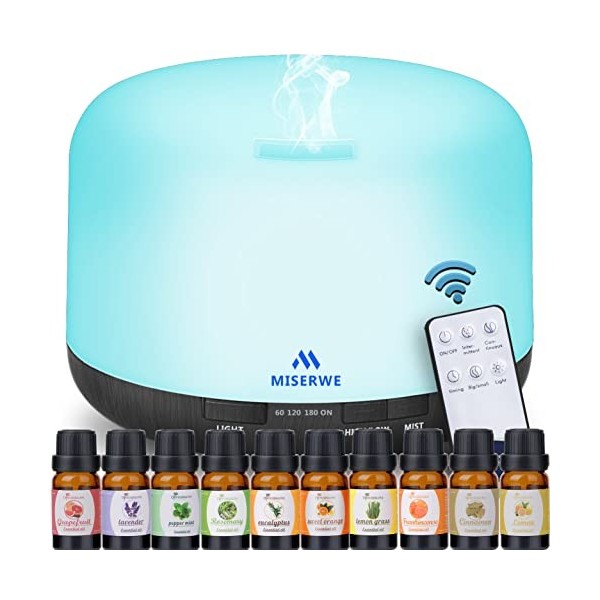 Miserwe Diffuseur Diffuseur dhuiles essentielles 500 ML avec Mode Brume réglable et 4 humidificateurs darômes pour arrêt Au