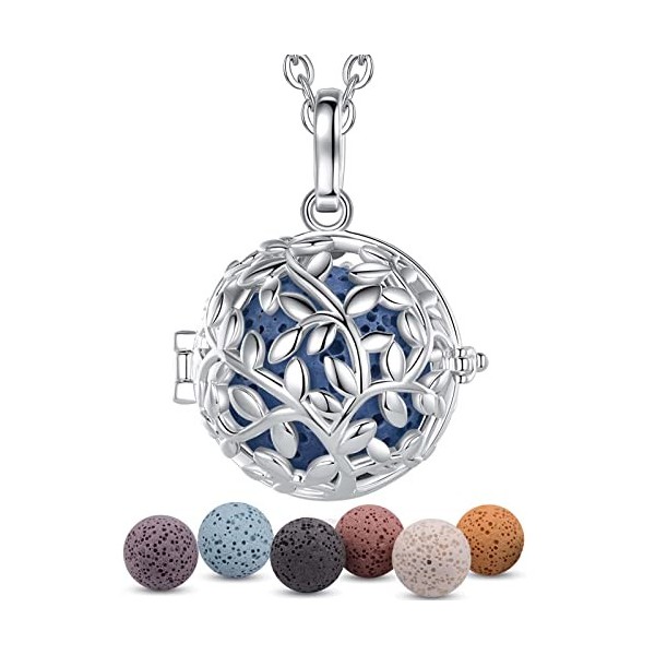 INFUSEU Collier Diffuseur Huile Essentielle, Arbre de la Vie Argent Plaque Arbre Généalogique Aromathérapie Pendentif Aromath