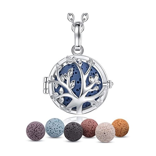 INFUSEU Collier Diffuseur Huile Essentielle, Arbre de la Vie Argent Plaque Arbre Généalogique Aromathérapie Pendentif Aromath