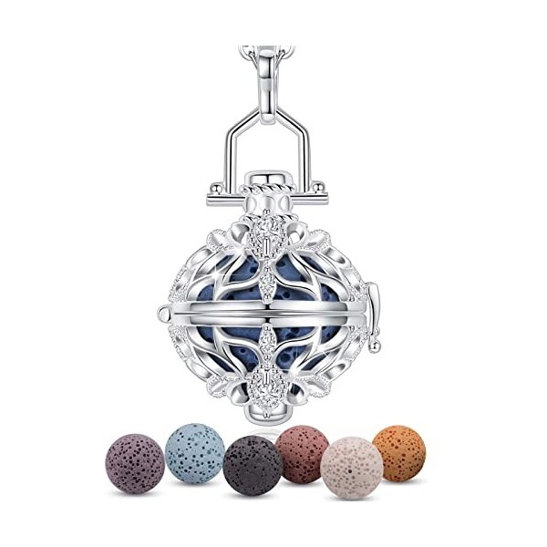 INFUSEU Collier Diffuseur Huile Essentielle, Arbre de la Vie Argent Plaque Arbre Généalogique Aromathérapie Pendentif Aromath