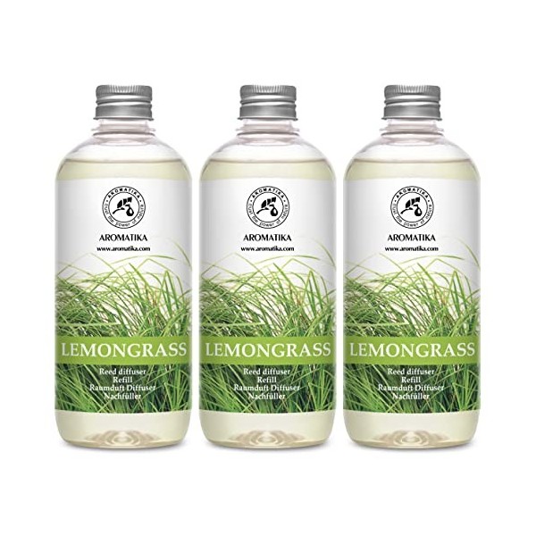 Recharge Lemongrass 1500ml pour Reed Diffuser - 3x500ml - Diffuseur dAmbiance avec Huile Essentielle de Lemongrass Naturelle