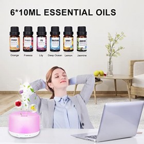 Diffuseur dhuiles Essentielles 500ML, Humidificateur Ultrasonique sans BPA avec Télécommande et 6 * 10ml dhuiles Essentiell