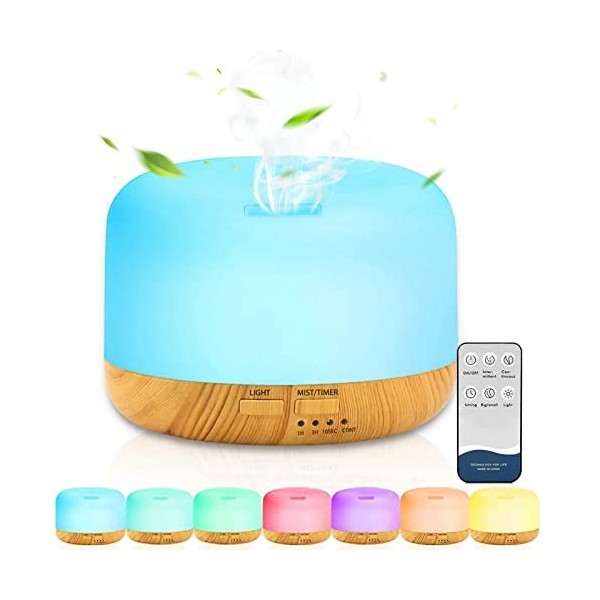 DASIAUTOEM Diffuseur dHuiles Essentielles 450 ML, Humidificateur Ultrasonique 7 Couleurs Lumières LED, Diffuseur Huiles Esse