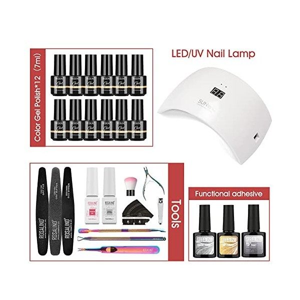 ROSALIND 12PCS Kit Vernis à Ongles Semi Permanent Complet 36W uv lamp, avec Base et Top Matt Coat, Automne Semi Permanent Kit