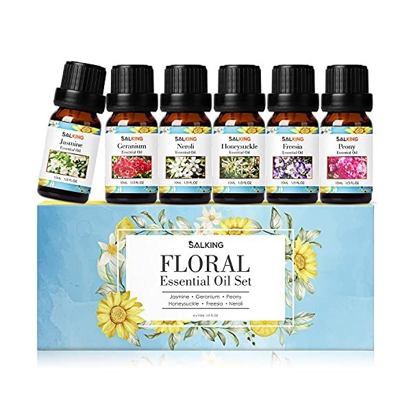 SALKING Floral Huiles Essentielles, 6x10mL 100% Huile Essentielle Bio pour Diffuseurs, Humidificateurs, Massage, Lavande, Ros