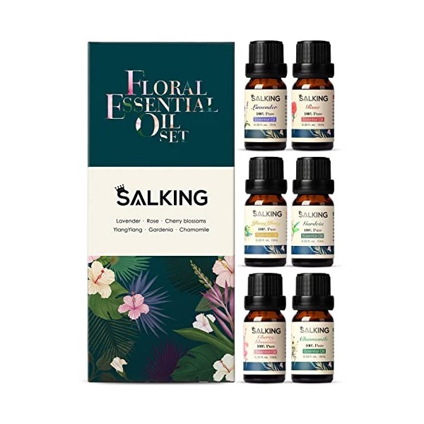 SALKING Floral Huiles Essentielles, 6x10mL 100% Huile Essentielle Bio pour Diffuseurs, Humidificateurs, Massage, Lavande, Ros