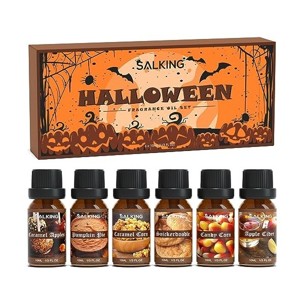 SALKING Halloween Huiles Essentielles, 6x10ml Huile Essentielle Bio pour Diffuseurs, Tarte à la Citrouille, Pommes au Caramel