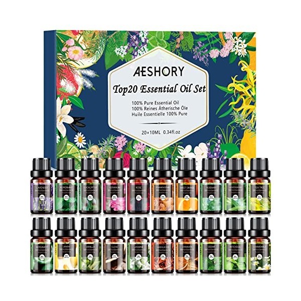 AESHORY Set Huiles Essentielles 20 x 10ML, Huile Essentielle pour Diffuseur 100% Pures & Naturelle Bio, Aromathérapie pour Sa