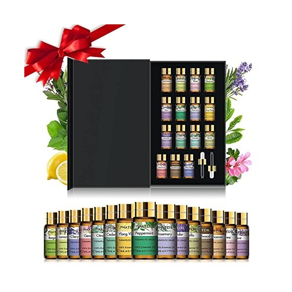 PHATOIL Ensemble Dhuiles Essentielles 15Pcs, Lavande, Vanille, Menthe Poivrée, Bois de Santal, Encens, Ylang Ylang, Bergamot