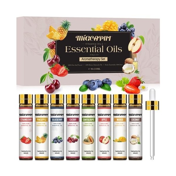 MIGCAPUT Set dhuiles Essentielles Fruitées 8 x 10ML, Huiles Essentielles 100% Pures pour Diffuseur, Huiles Parfumées Fruitée