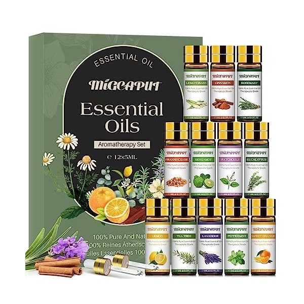 MIGCAPUT Set Huiles Essentielles 12 x 5ML, Huiles Essentielles pour Diffuseur 100% Pures, Huiles Essentielles Aromathérapie p