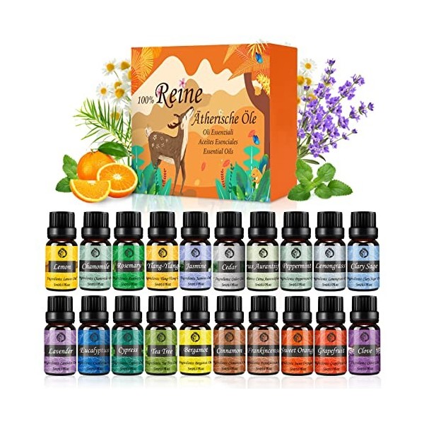 Huiles Essentielles Bio Naturelles Pures, Kit Huiles Essentielles pour Aromathérapie Diffuseurs Ultrasons 20 Saveurs Lavande,