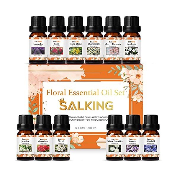 SALKING Huiles Essentielles, 12x10mL Pure, Canneberge, Pêche, Fraise, Pastèque, Figue, Noix de coco, Pamplemousse, Citron ver