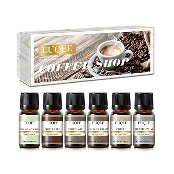 EUQEE Set di Huiles Parfumées pour Diffuseurs, Coffee Shop - Café, Gâteau au café, Chocolat, Crème de Coco, Noix de Coco et V