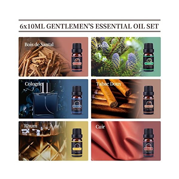 Kit Huile Essentielle 6x 10ml, Hommes Essentielle Aromathérapie Avec Bois de Santal,Cèdre,Cuir,Tabac Doux,Rhum Laurier,Cologn