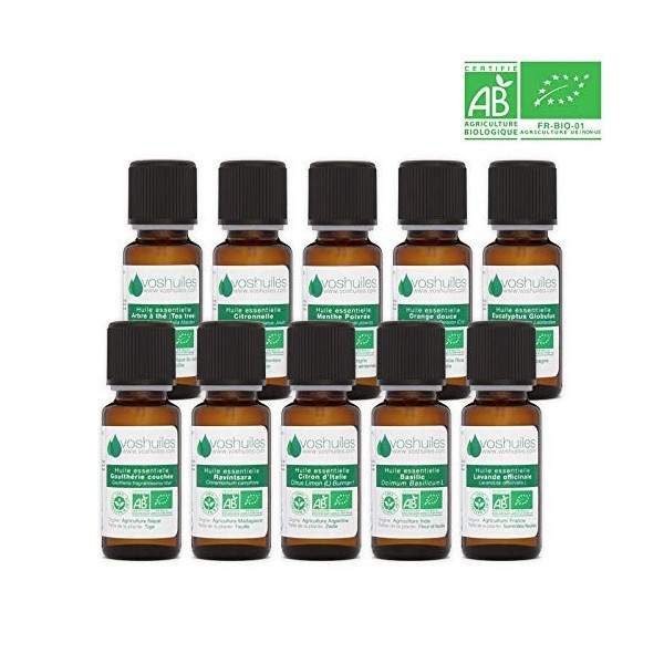 Pack de 10 Huiles Essentielles Bio - Les Indispensables pour lAromathérapie - Idéal pour Diffuseur et pour Nombreux Domaines