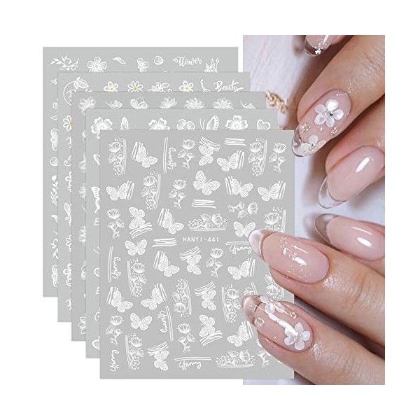 JMEOWIO Printemps Été Fleur Blanc Stickers Ongles Nail Art 12 Feuilles Autocollants Ongles Autoadhésif Deco Ongle Nail Art De