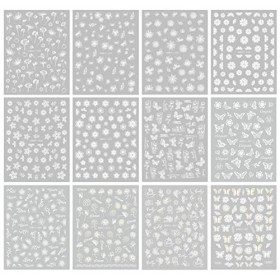 JMEOWIO Printemps Été Fleur Blanc Stickers Ongles Nail Art 12 Feuilles Autocollants Ongles Autoadhésif Deco Ongle Nail Art De