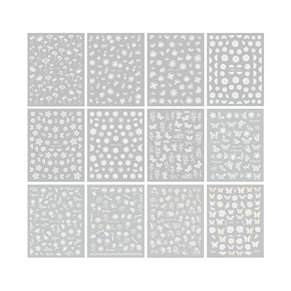 JMEOWIO Printemps Été Fleur Blanc Stickers Ongles Nail Art 12 Feuilles Autocollants Ongles Autoadhésif Deco Ongle Nail Art De