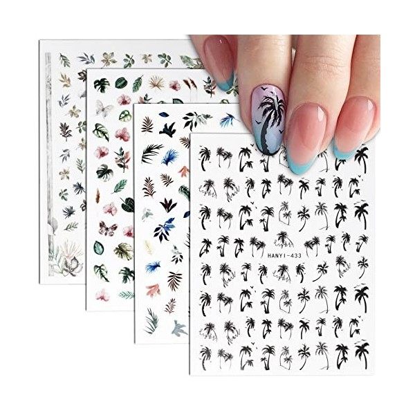 4 Feuilles Sticker Nail Art Printemps Été Feuille Arbre Autocollants Ongles Décoration Ongle Motif Plantes Accessoires Fête B