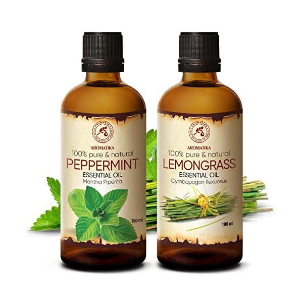 Huiles Essentielles Set 2x100ml - Huile de Menthe Poivrée - Huile de Citronnelle - 100% Pur & Naturel pour Diffuseurs - Aroma