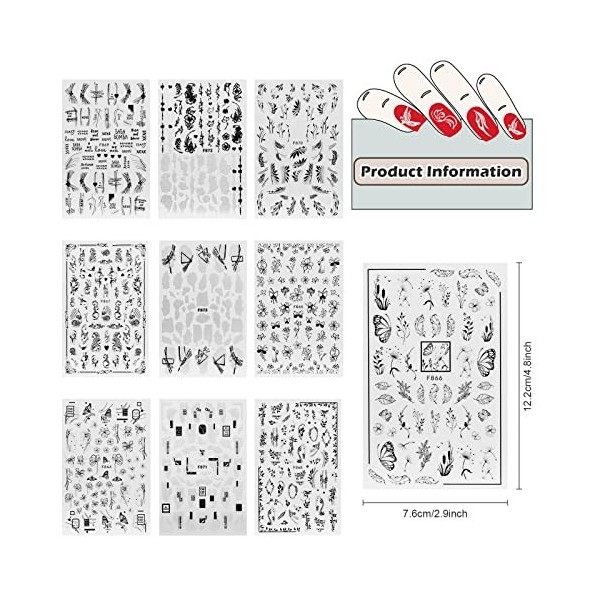 MXTIMWAN 10 Feuilles Stickers Ongles Fleurs, Stickers Ongles Autocollants, 3D Nail Stickers Fleur Papillon Plante pour DIY De