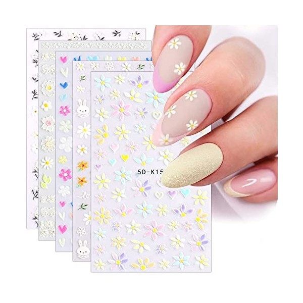 JMEOWIO 3D Fleur Stickers Ongles Nail Art Autocollants Ongles Autoadhésif 5D Deco Ongle Nail Art Design Manucure 5 Feuilles