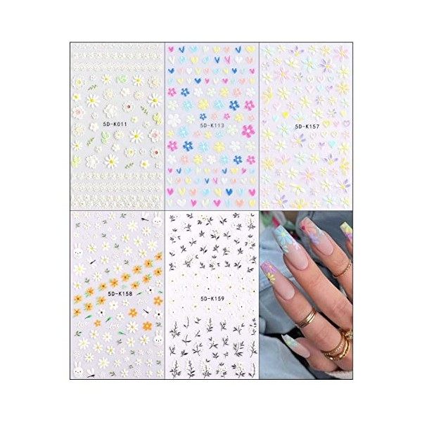 JMEOWIO 3D Fleur Stickers Ongles Nail Art Autocollants Ongles Autoadhésif 5D Deco Ongle Nail Art Design Manucure 5 Feuilles