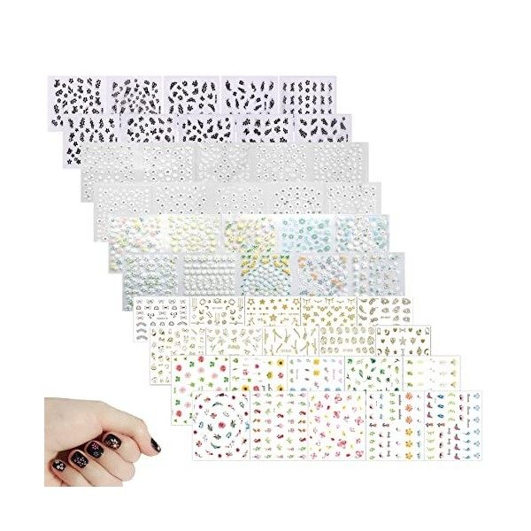 Olakin 50 Feuilles 3D Design Stickers Ongles[Plus de 1800 Pcs], Autocollant Ongle dArt, Mix Couleur Auto-adhésif Nail Art St