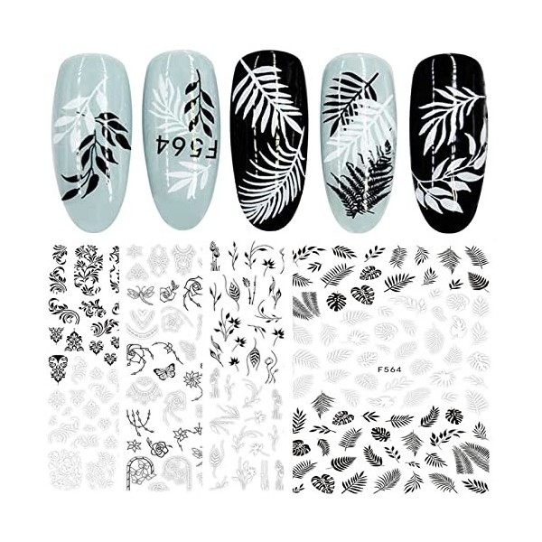 JMEOWIO Argent Noir Stickers Ongles Nail Art 12 Feuilles Autocollants Ongles Autoadhésif Deco Ongle Nail Art Design Manucure