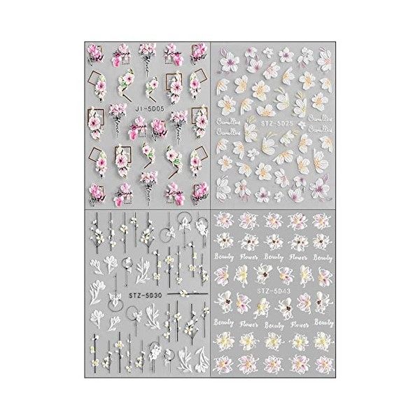 JMEOWIO 3D Printemps Fleur Stickers Ongles Nail Art Autocollants Ongles Autoadhésif 5D Deco Ongle Nail Art Design Manucure 4 