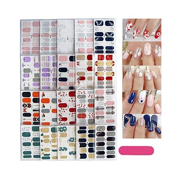 20 feuilles 280 Pcs 3D Autocollants pour Ongle Nail Sticker Auto-Adhésives +1 pcs Lime À Ongles pour Décoration Nail Bricolag