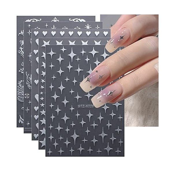 JMEOWIO Étoile Lune Stickers Ongles Nail Art 12 Feuilles Autocollants Ongles Autoadhésif Deco Ongle Nail Art Design Manucure