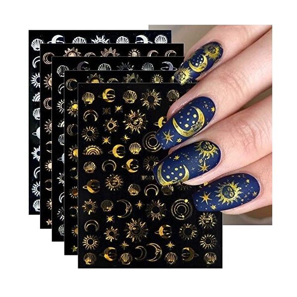 JMEOWIO Lune Etoile Soleil Stickers Ongles Nail Art 10 Feuilles Autocollants Ongles Autoadhésif Deco Ongle Nail Art Design Ma
