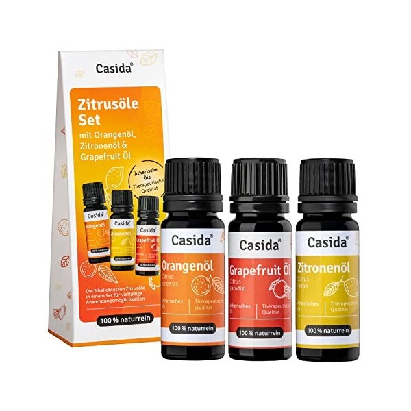 Casida - Set dhuiles essentielles "Citrus" - Orange, Citron, Pamplemousse - pure e naturelle - Qualité thérapeutique - Pour 