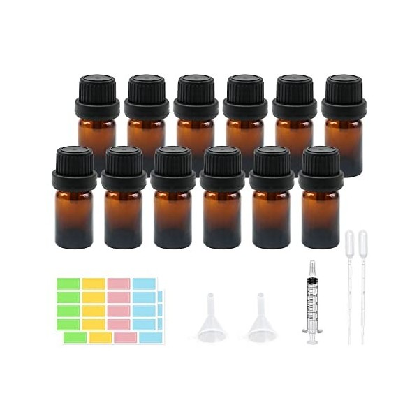 Lot de 12 flacons en verre ambré rechargeables pour huiles essentielles de 10 ml avec bouchon noir pour diffuseur dhuiles es