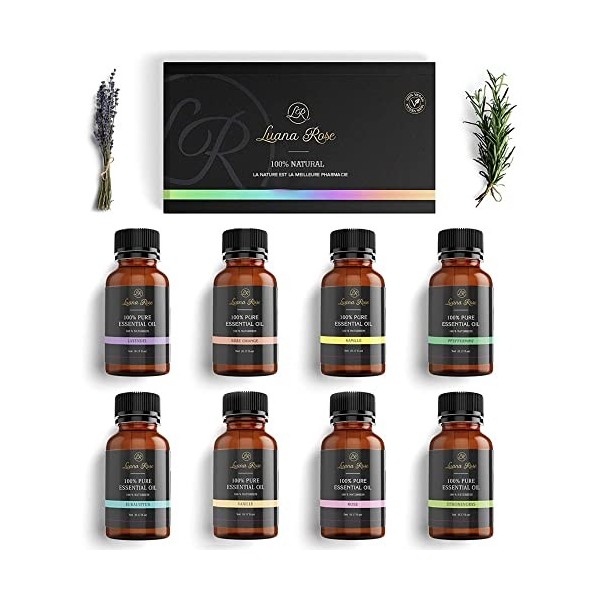 Coffret dHuiles Essentielles Luana Rose - 100% Végan & Naturel - 8 Arômes dHuiles pour Diffuseur electrique - fragance pour