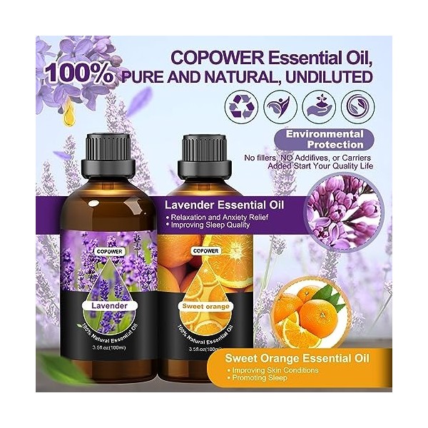 COPOWER Coffret cadeau dhuiles essentielles 100 ml x 2 – Huiles parfumées de lavande et dorange douce pour diffuseur, humid