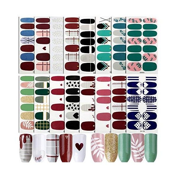 224pcs 16 Feuilles Autocollants pour Ongle Nail Sticker Couverture Complète Pleine Transfert Pochoir Ongles Auto-adhésifs Nai