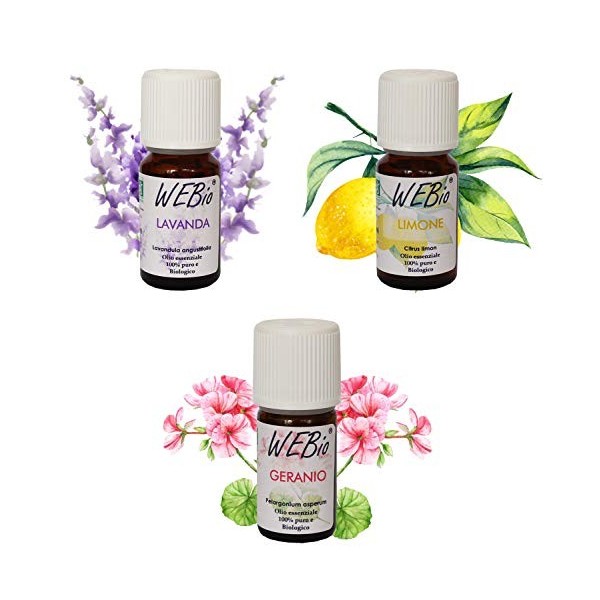 WEBio - Kit Floral dhuiles essentielles Bio - 100% pures et naturelles - 3 huiles - Arômes alimentaires, Lavande, Citron, Gé