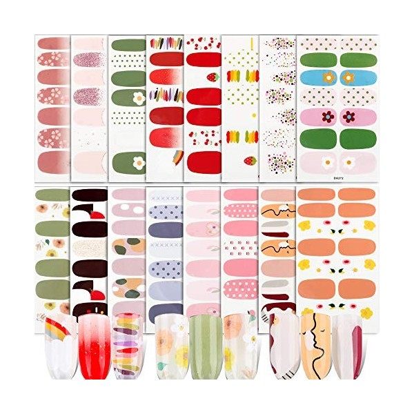 224pcs 16 Feuilles Autocollants pour Ongle Nail Sticker Couverture Complète Pleine Transfert Pochoir Ongles Auto-adhésifs Nai