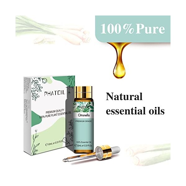 PHATOIL Huile Essentielle Citronnelle Bio 10 ML, Huiles Essentielles 100% Pures Naturelles pour Diffuseur Humidificateur Arom